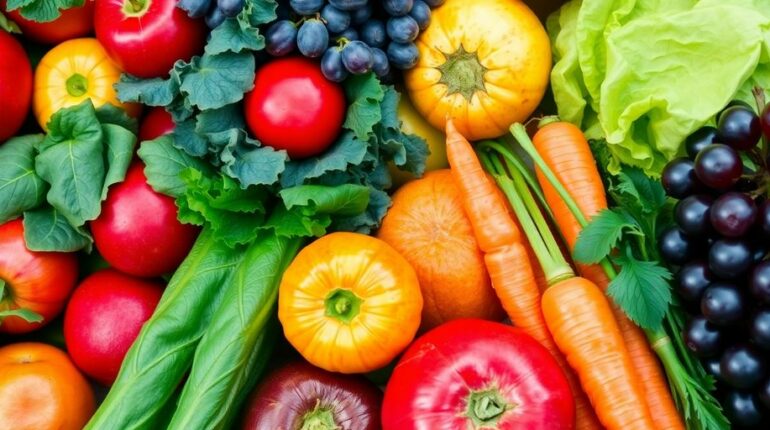 Assortiment coloré de fruits et légumes de saison frais