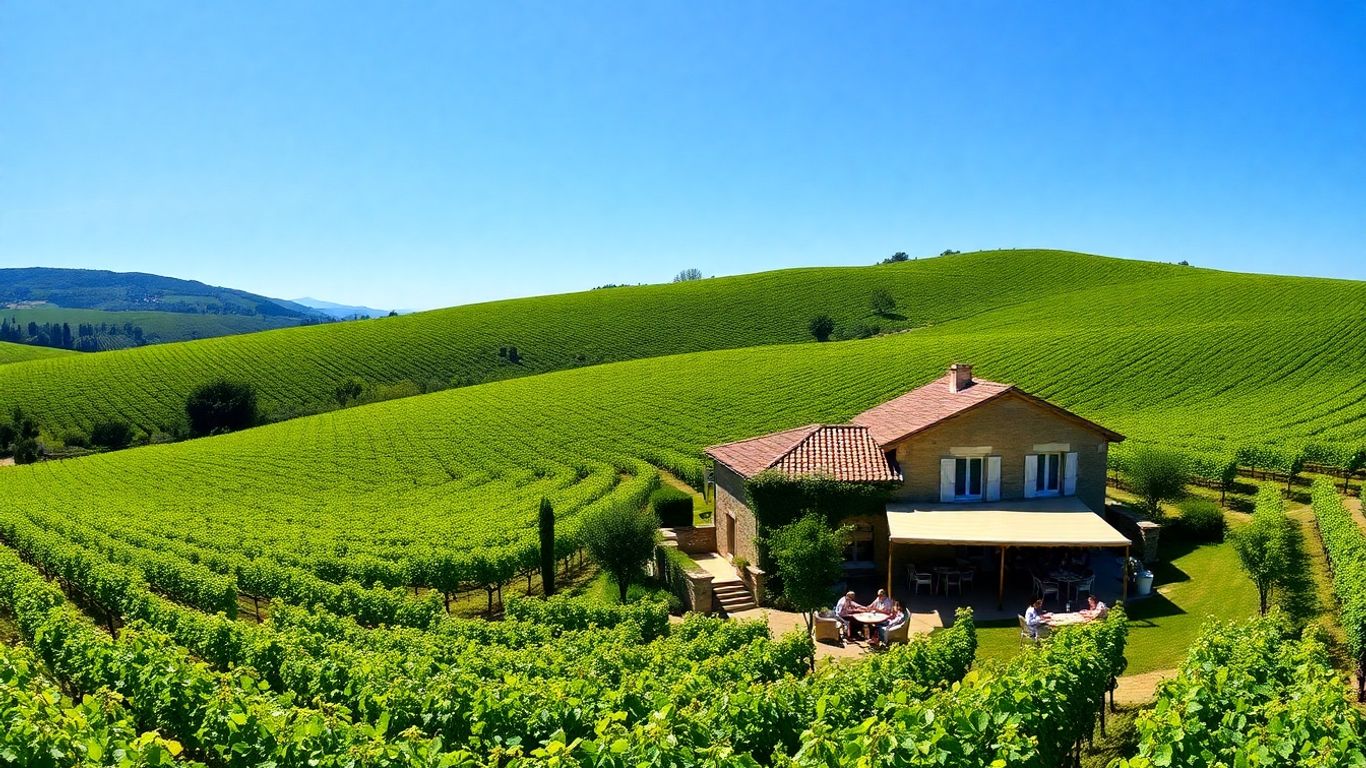Vineyard landscape in Hérault, France with farmhouse.